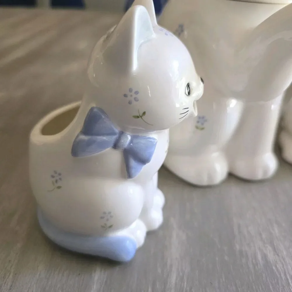 Vintage Otagiri Cat Ceramic Teapot Creamer Sugar Bowl Set - White & Blue Floral